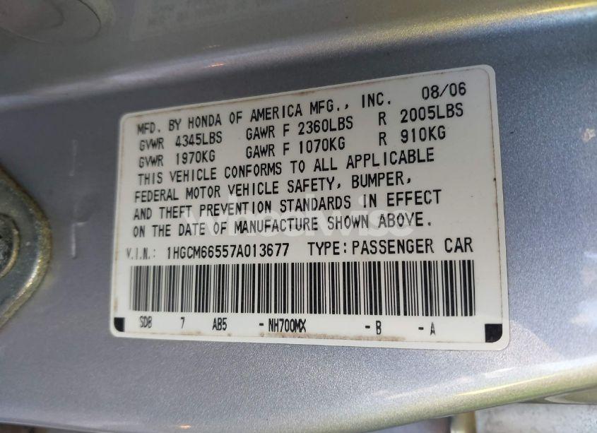 Photo 9 of 2007 Honda Accord 3.0 EX (VIN 1HGCM66557A013677)