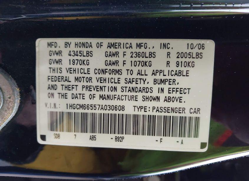 Photo 9 of 2007 Honda Accord 3.0 EX (VIN 1HGCM66557A030608)