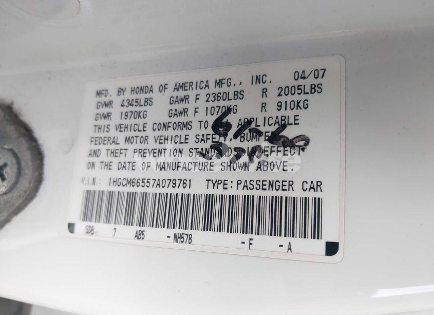 Photo 9 of 2007 Honda Accord 3.0 EX (VIN 1HGCM66557A079761)