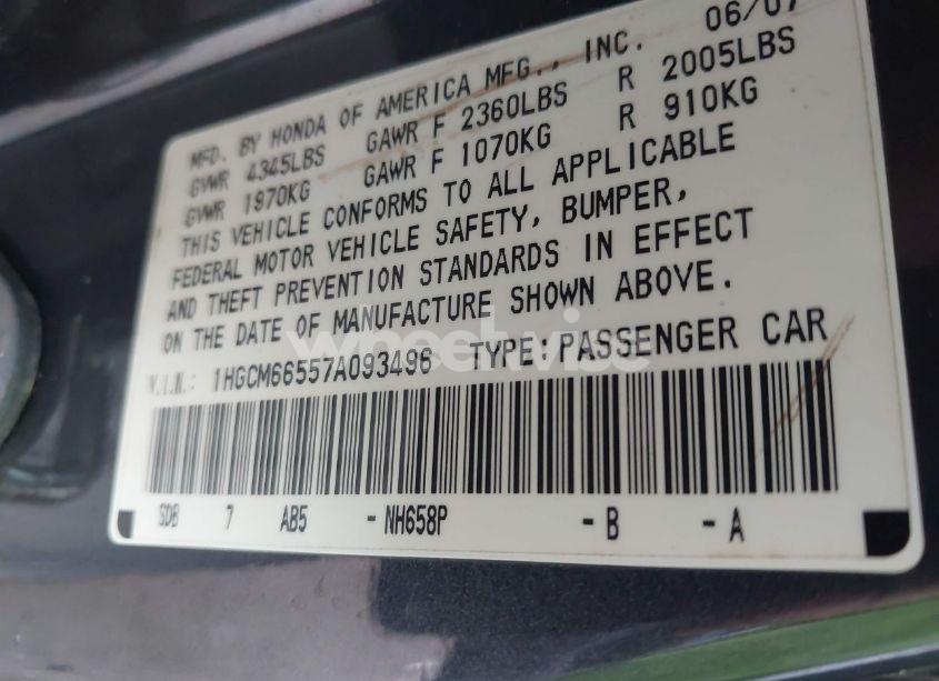 Photo 9 of 2007 Honda Accord 3.0 EX (VIN 1HGCM66557A093496)