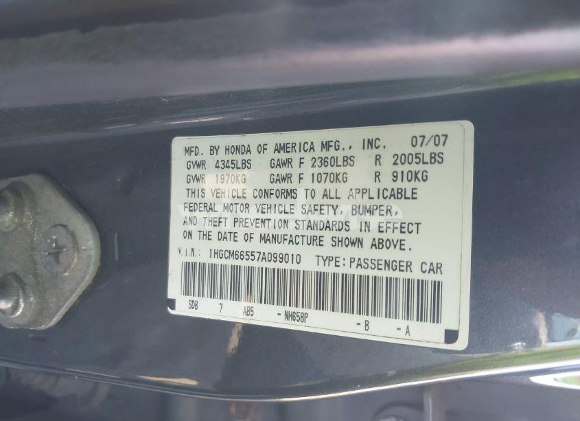 Photo 9 of 2007 Honda Accord 3.0 EX (VIN 1HGCM66557A099010)