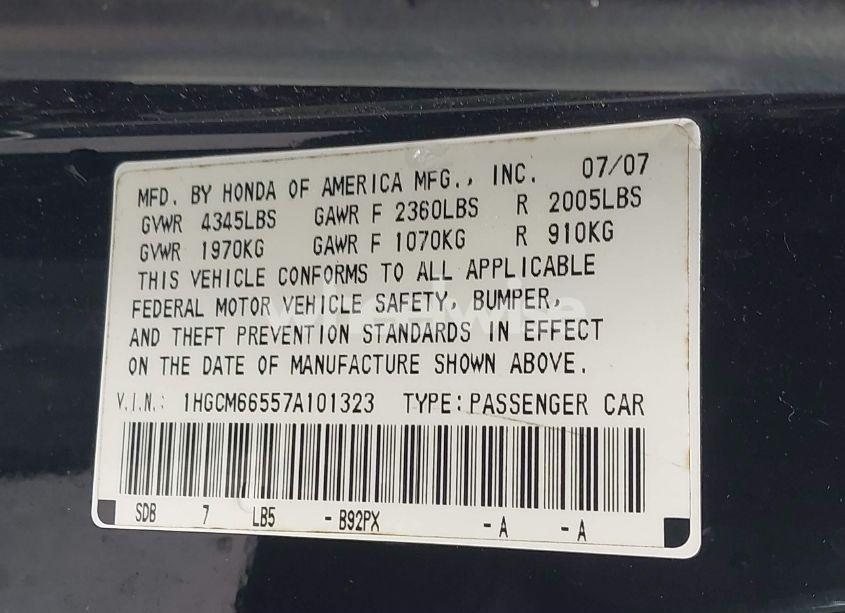 Photo 9 of 2007 Honda Accord 3.0 EX (VIN 1HGCM66557A101323)