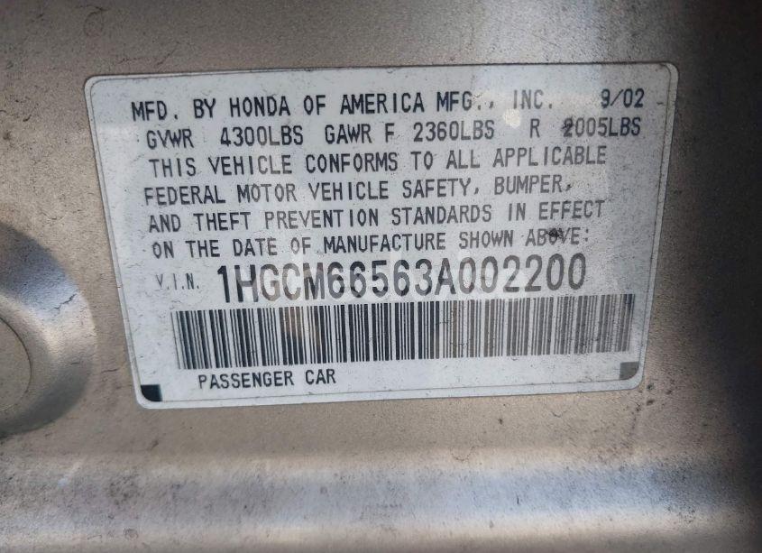 Photo 9 of 2003 Honda Accord 3.0 EX (VIN 1HGCM66563A002200)