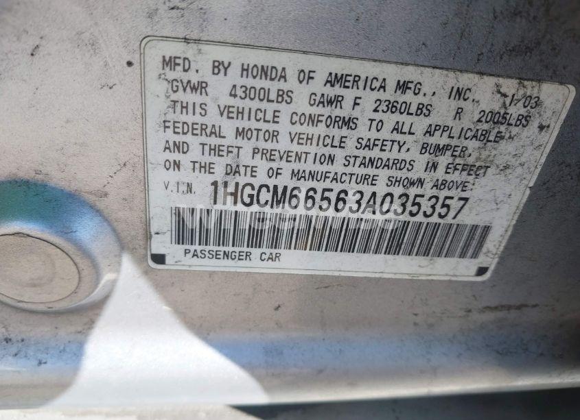 Photo 9 of 2003 Honda Accord 3.0 EX (VIN 1HGCM66563A035357)