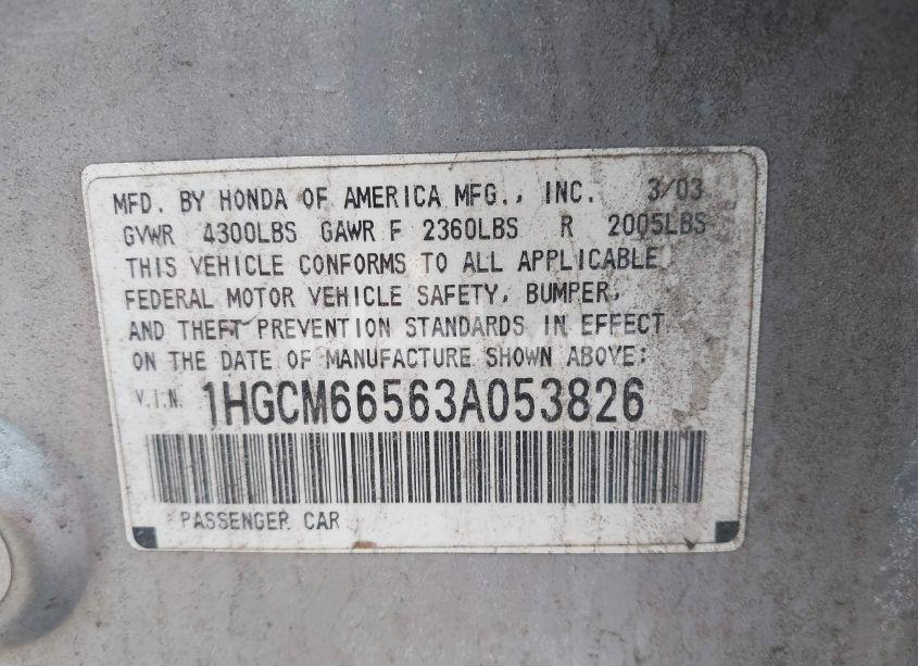 Photo 9 of 2003 Honda Accord 3.0 EX (VIN 1HGCM66563A053826)