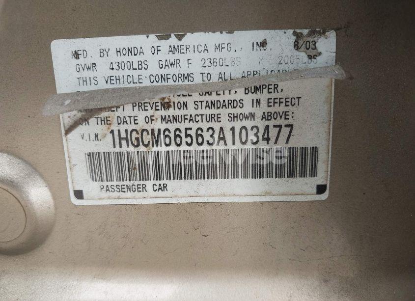 Photo 9 of 2003 Honda Accord 3.0 EX (VIN 1HGCM66563A103477)