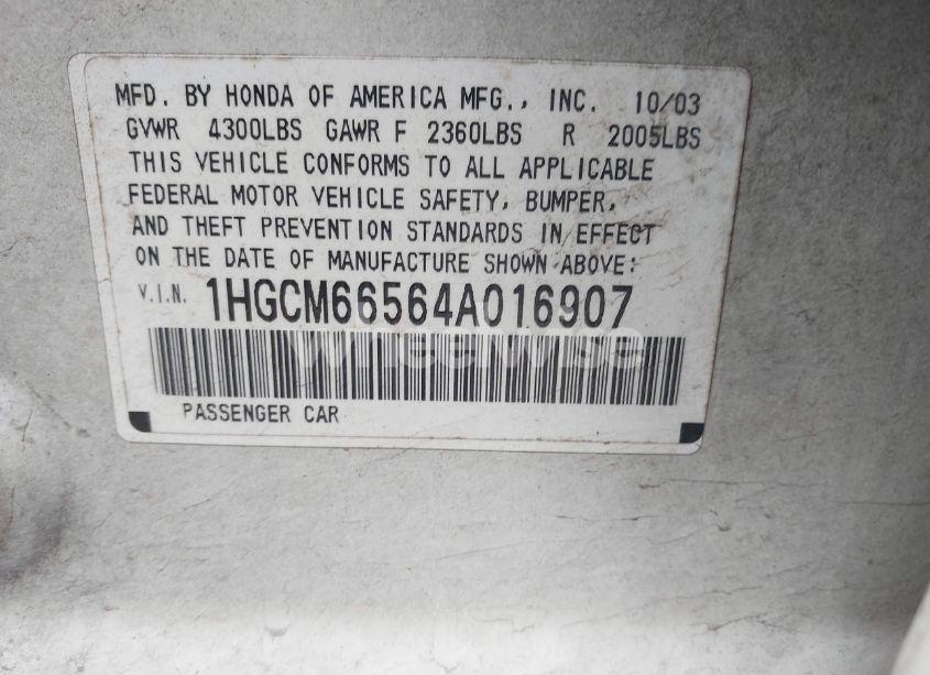 Photo 9 of 2004 Honda Accord 3.0 EX (VIN 1HGCM66564A016907)
