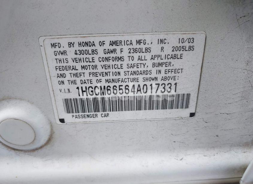 Photo 9 of 2004 Honda Accord 3.0 EX (VIN 1HGCM66564A017331)