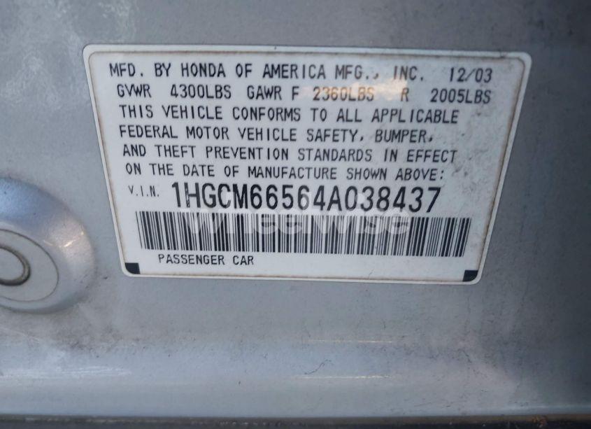 Photo 9 of 2004 Honda Accord 3.0 EX (VIN 1HGCM66564A038437)