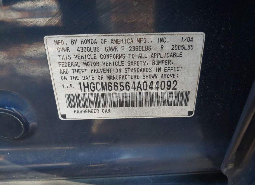 Photo 9 of 2004 Honda Accord 3.0 EX (VIN 1HGCM66564A044092)