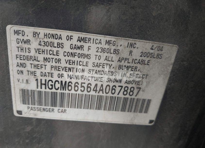 Photo 9 of 2004 Honda Accord 3.0 EX (VIN 1HGCM66564A067887)
