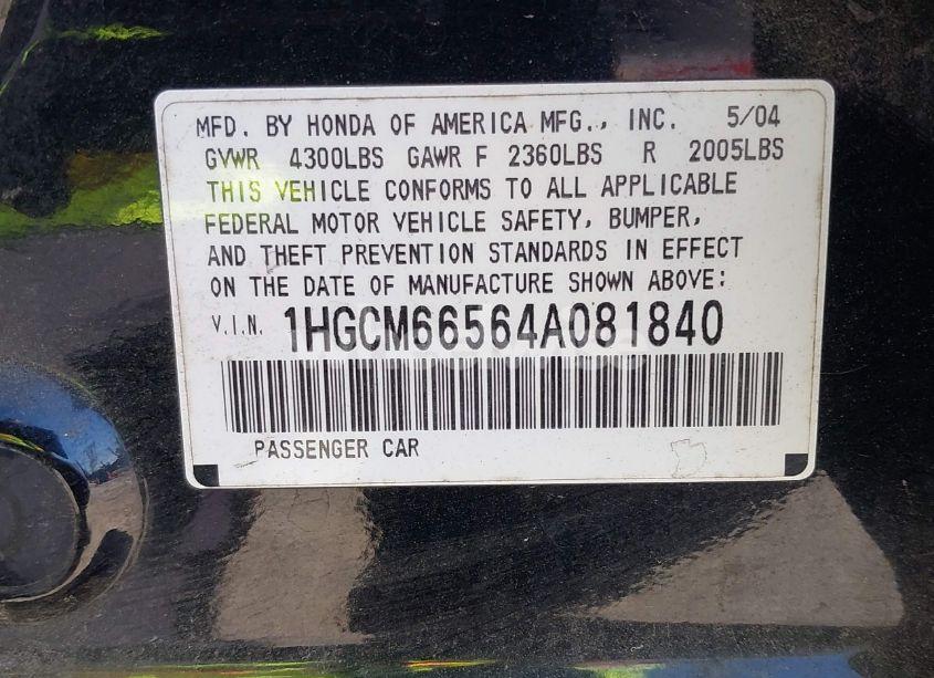 Photo 9 of 2004 Honda Accord 3.0 EX (VIN 1HGCM66564A081840)