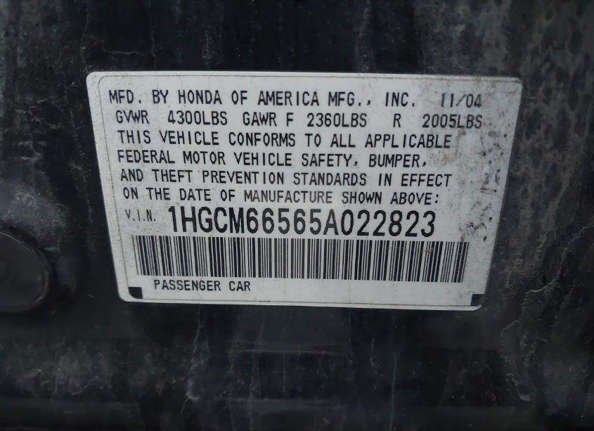 Photo 9 of 2005 Honda Accord 3.0 EX (VIN 1HGCM66565A022823)