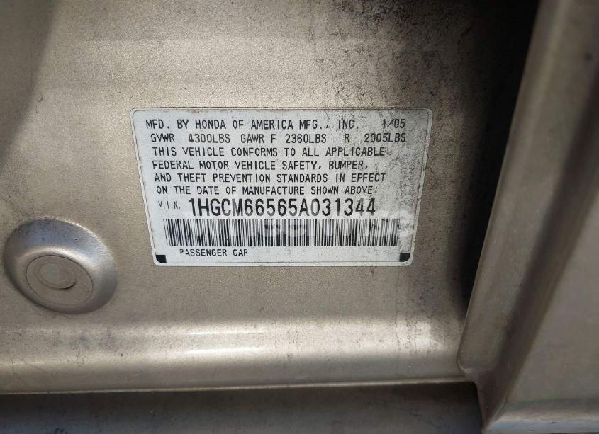 Photo 9 of 2005 Honda Accord 3.0 EX (VIN 1HGCM66565A031344)