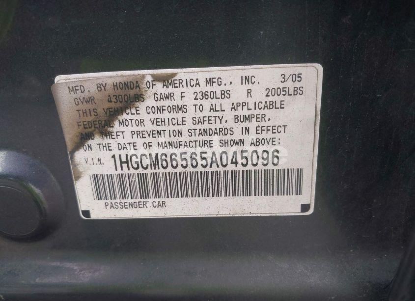 Photo 9 of 2005 Honda Accord 3.0 EX (VIN 1HGCM66565A045096)