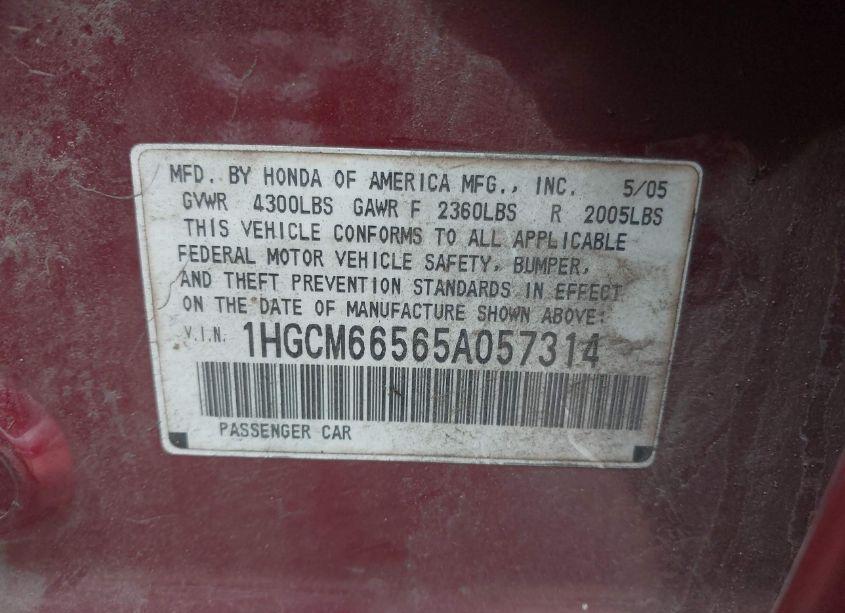 Photo 9 of 2005 Honda Accord 3.0 EX (VIN 1HGCM66565A057314)