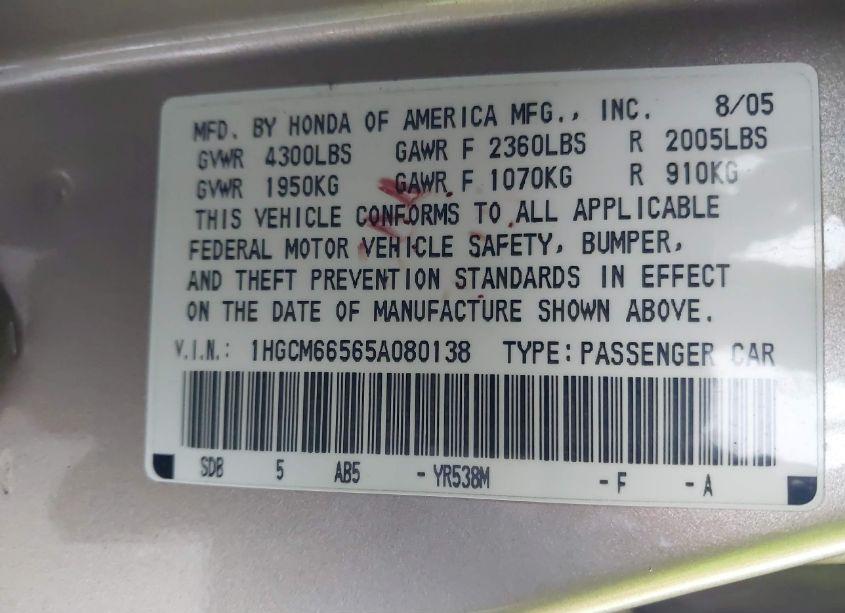 Photo 9 of 2005 Honda Accord 3.0 EX (VIN 1HGCM66565A080138)