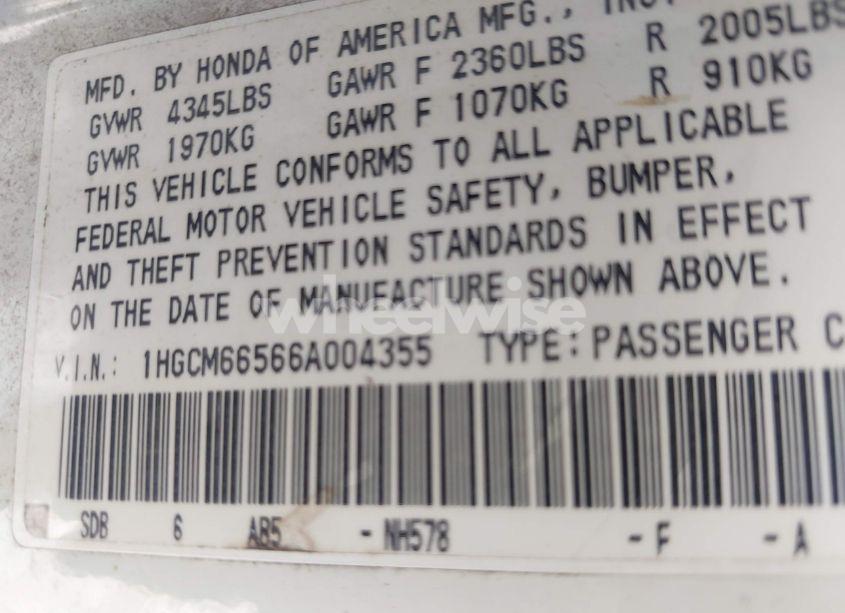 Photo 9 of 2006 Honda Accord 3.0 EX (VIN 1HGCM66566A004355)