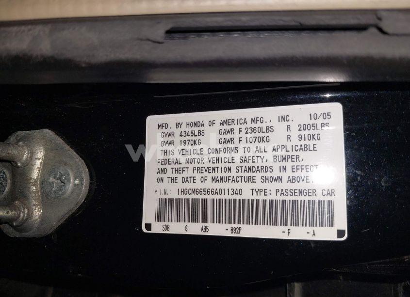 Photo 9 of 2006 Honda Accord 3.0 EX (VIN 1HGCM66566A011340)