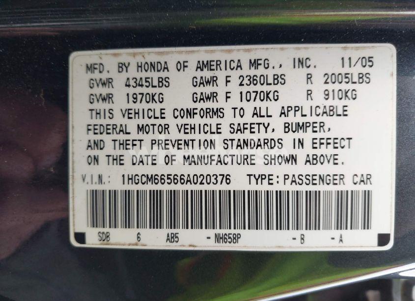 Photo 9 of 2006 Honda Accord 3.0 EX (VIN 1HGCM66566A020376)