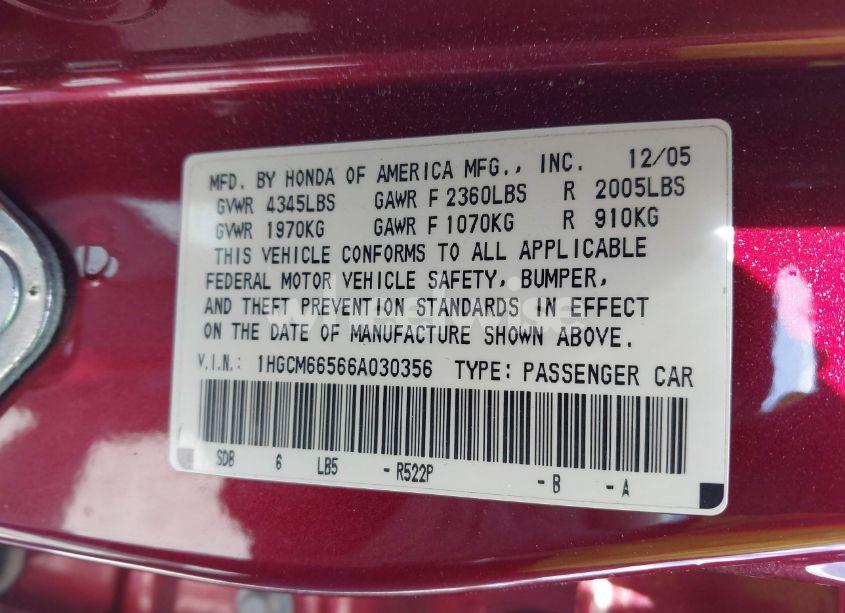 Photo 9 of 2006 Honda Accord 3.0 EX (VIN 1HGCM66566A030356)