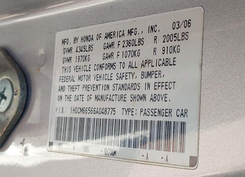 Photo 9 of 2006 Honda Accord 3.0 EX (VIN 1HGCM66566A048775)