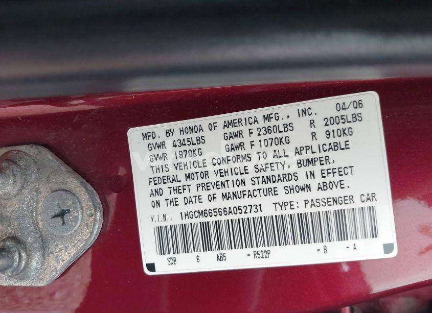 Photo 9 of 2006 Honda Accord 3.0 EX (VIN 1HGCM66566A052731)