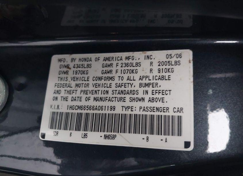 Photo 9 of 2006 Honda Accord 3.0 EX (VIN 1HGCM66566A061199)