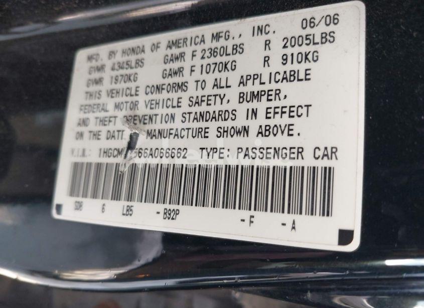 Photo 9 of 2006 Honda Accord 3.0 EX (VIN 1HGCM66566A066662)