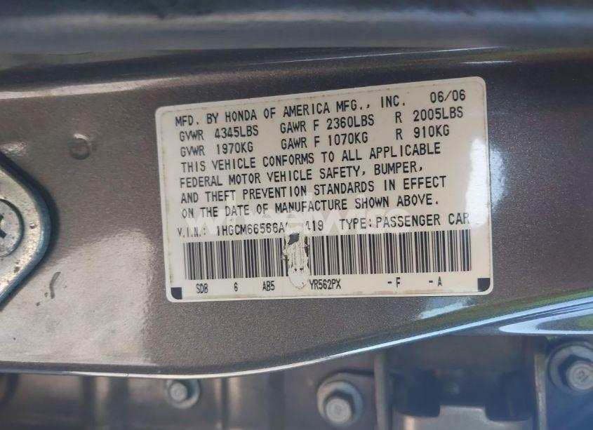Photo 9 of 2006 Honda Accord 3.0 EX (VIN 1HGCM66566A070419)