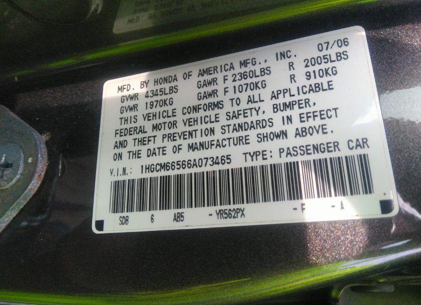 Photo 9 of 2006 Honda Accord 3.0 EX (VIN 1HGCM66566A073465)