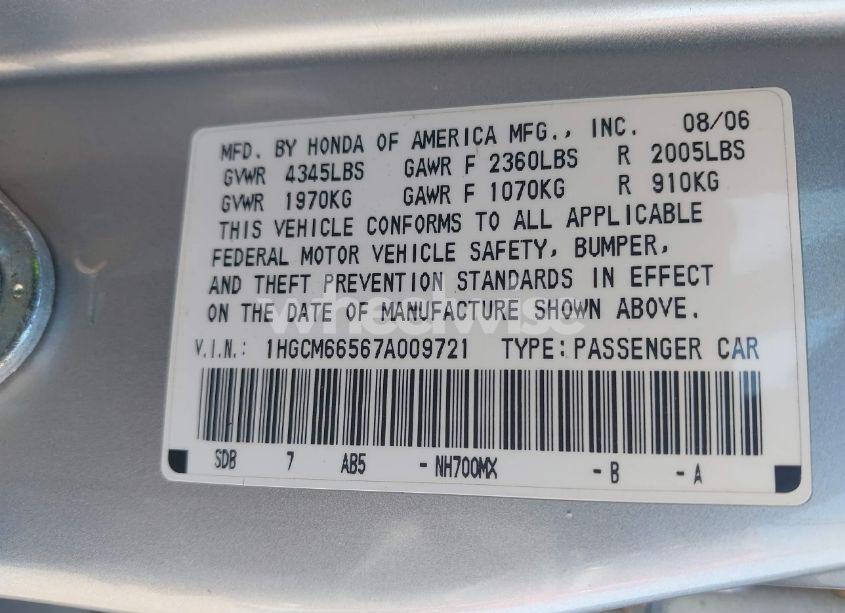 Photo 9 of 2007 Honda Accord 3.0 EX (VIN 1HGCM66567A009721)