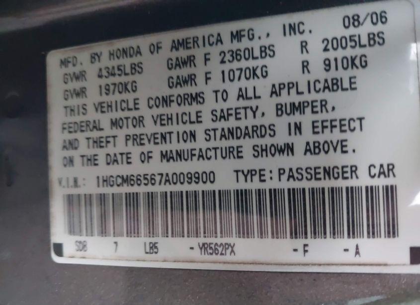 Photo 9 of 2007 Honda Accord 3.0 EX (VIN 1HGCM66567A009900)