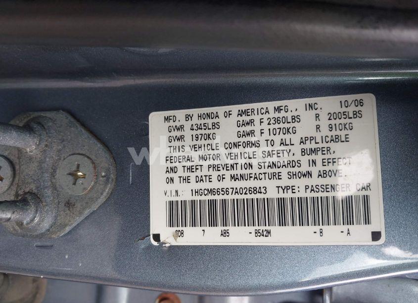 Photo 9 of 2007 Honda Accord 3.0 EX (VIN 1HGCM66567A026843)