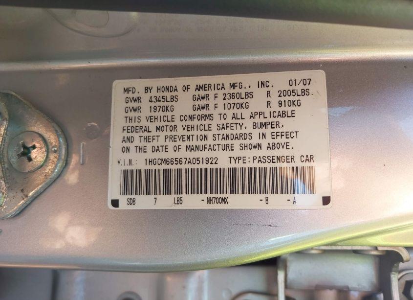 Photo 9 of 2007 Honda Accord 3.0 EX (VIN 1HGCM66567A051922)