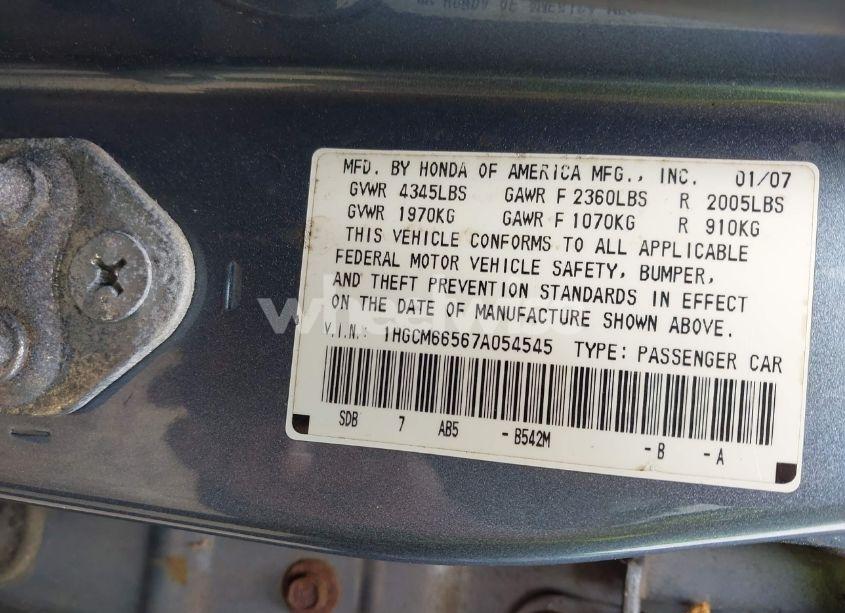Photo 9 of 2007 Honda Accord 3.0 EX (VIN 1HGCM66567A054545)