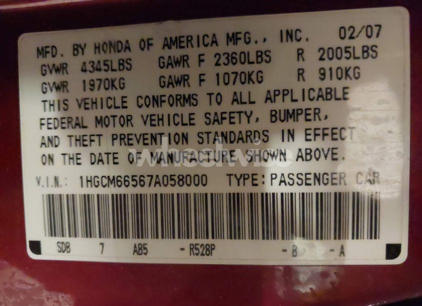 Photo 9 of 2007 Honda Accord 3.0 EX (VIN 1HGCM66567A058000)