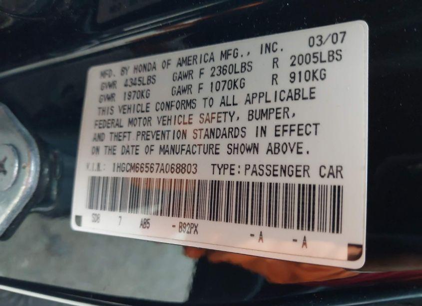 Photo 9 of 2007 Honda Accord 3.0 EX (VIN 1HGCM66567A068803)