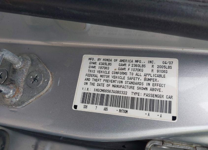 Photo 9 of 2007 Honda Accord 3.0 EX (VIN 1HGCM66567A080322)