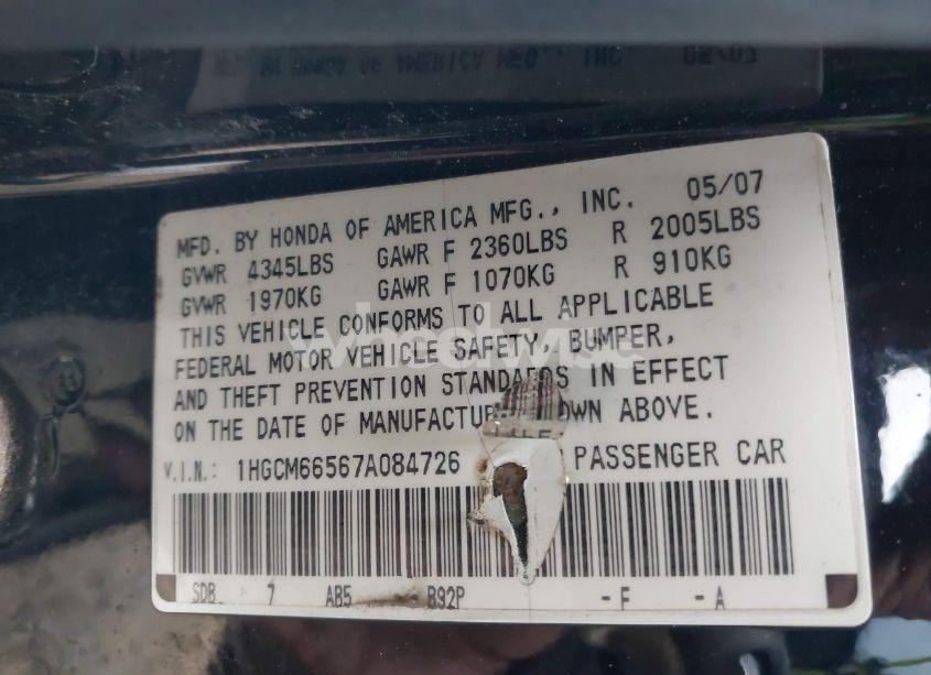 Photo 9 of 2007 Honda Accord 3.0 EX (VIN 1HGCM66567A084726)