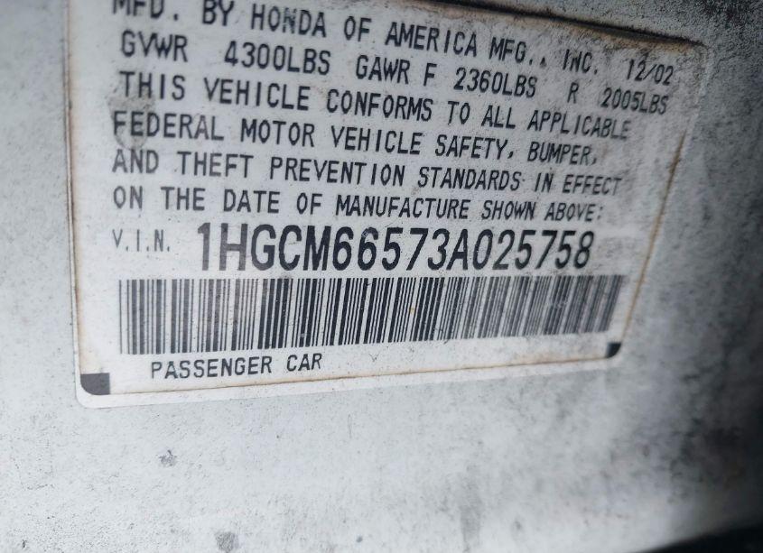 Photo 9 of 2003 Honda Accord 3.0 EX (VIN 1HGCM66573A025758)