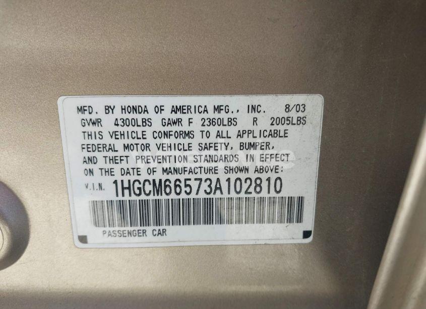 Photo 9 of 2003 Honda Accord 3.0 EX (VIN 1HGCM66573A102810)
