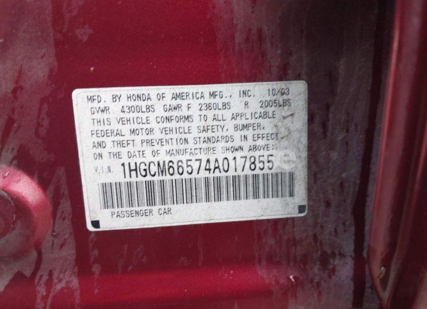 Photo 9 of 2004 Honda Accord 3.0 EX (VIN 1HGCM66574A017855)