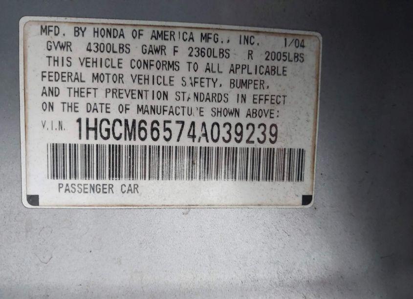 Photo 9 of 2004 Honda Accord 3.0 EX (VIN 1HGCM66574A039239)