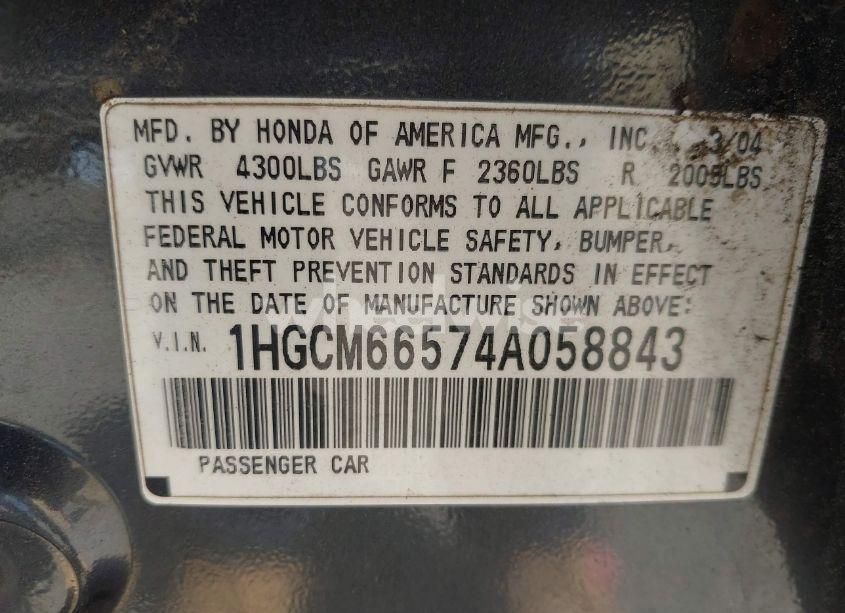 Photo 9 of 2004 Honda Accord 3.0 EX (VIN 1HGCM66574A058843)