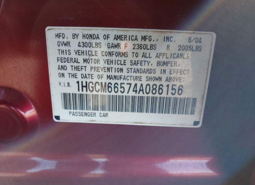 Photo 9 of 2004 Honda Accord 3.0 EX (VIN 1HGCM66574A086156)