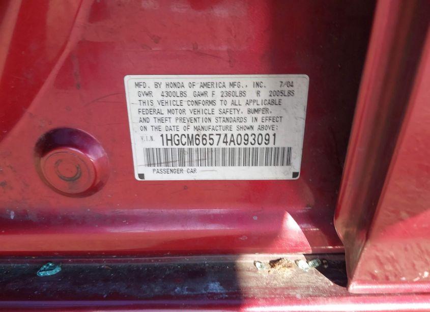 Photo 9 of 2004 Honda Accord 3.0 EX (VIN 1HGCM66574A093091)