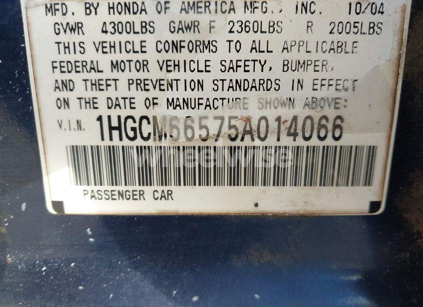 Photo 9 of 2005 Honda Accord 3.0 EX (VIN 1HGCM66575A014066)