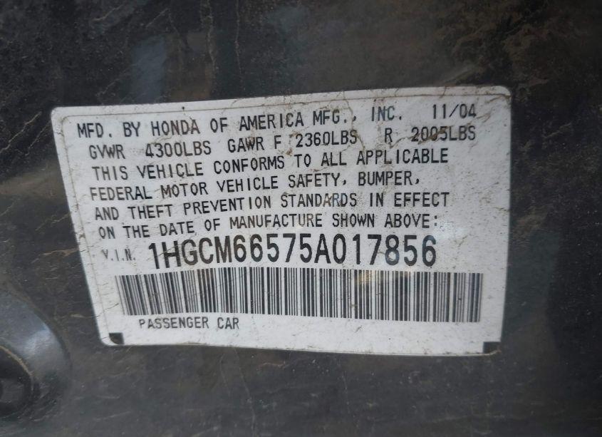 Photo 9 of 2005 Honda Accord 3.0 EX (VIN 1HGCM66575A017856)