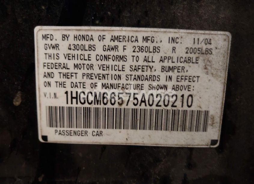 Photo 9 of 2005 Honda Accord 3.0 EX (VIN 1HGCM66575A020210)